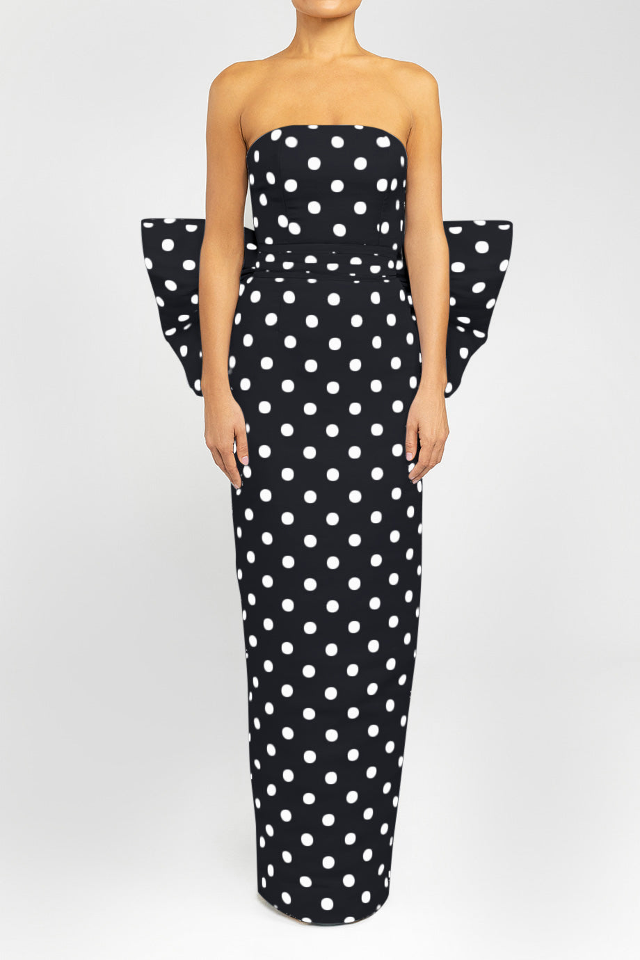 Strapless Polka Dot Silk Faille Column Gown with Bow Back Sash