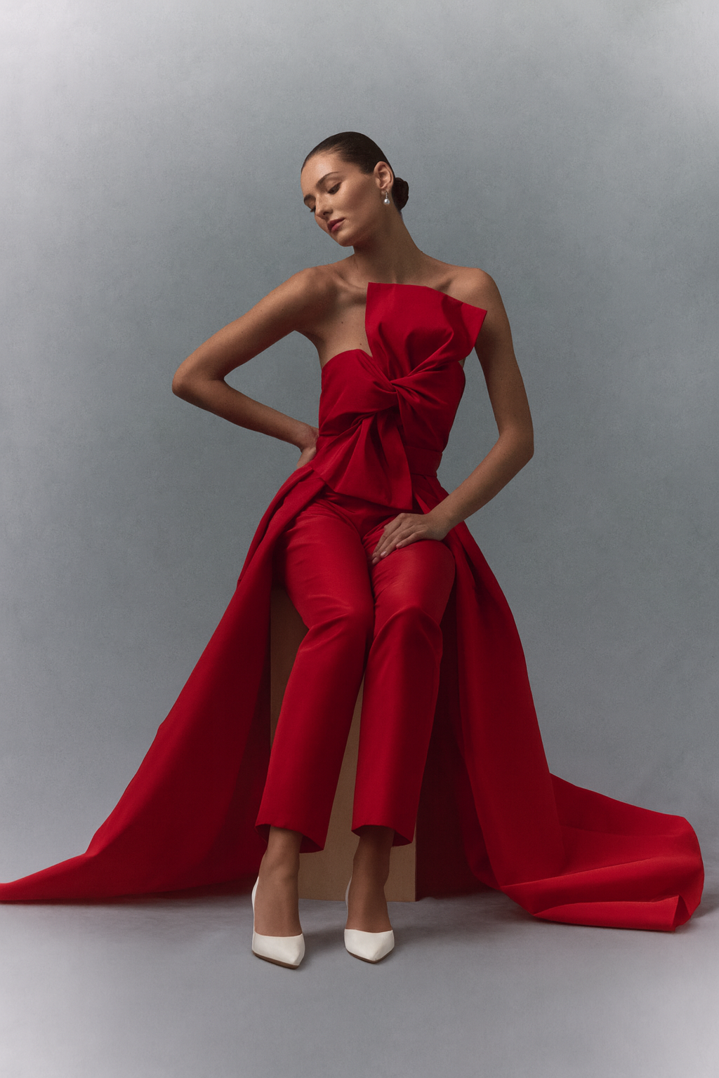 Silk Faille Twisted Bow Jumpsuit with Convertible Skirt