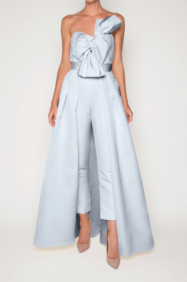 Silk Faille Twisted Bow Jumpsuit with Convertible Skirt