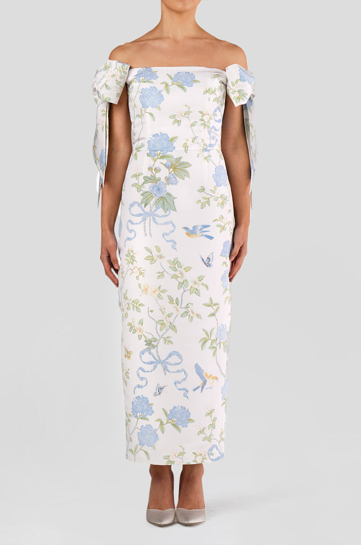 Isabella Beheld Butterfly Floral Silk Faille Midi Dress
