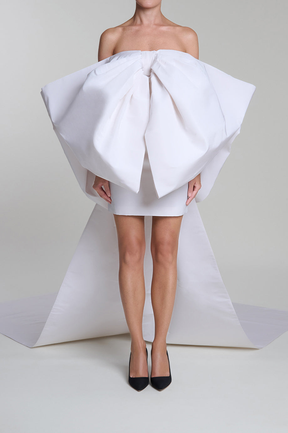 Off-The-Shoulder Bow Silk Faille Mini Dress with Floor