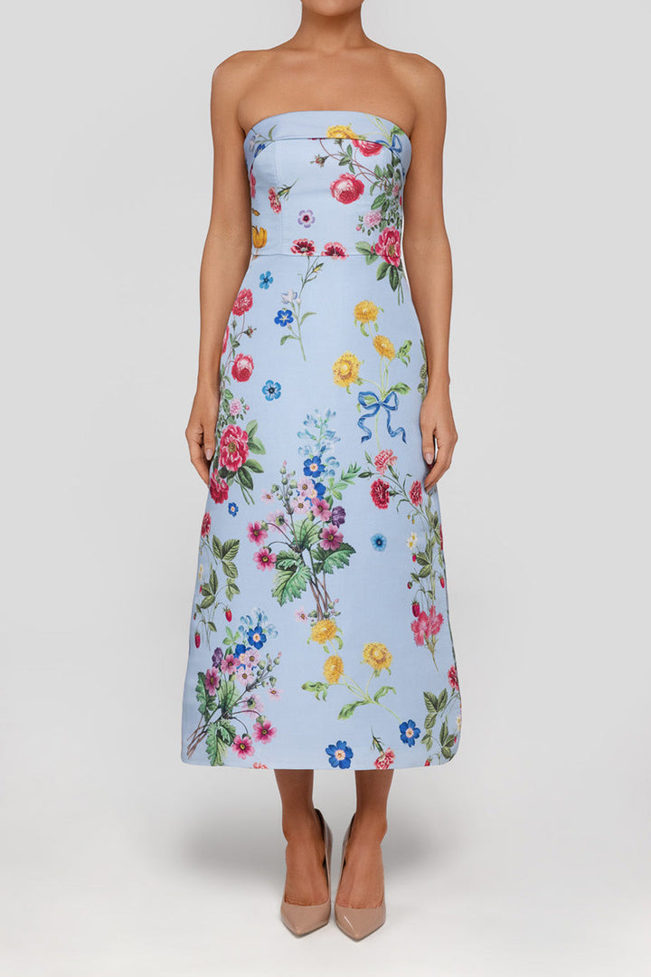 Lucie Sky Floral Silk Faille A-Line Midi Dress