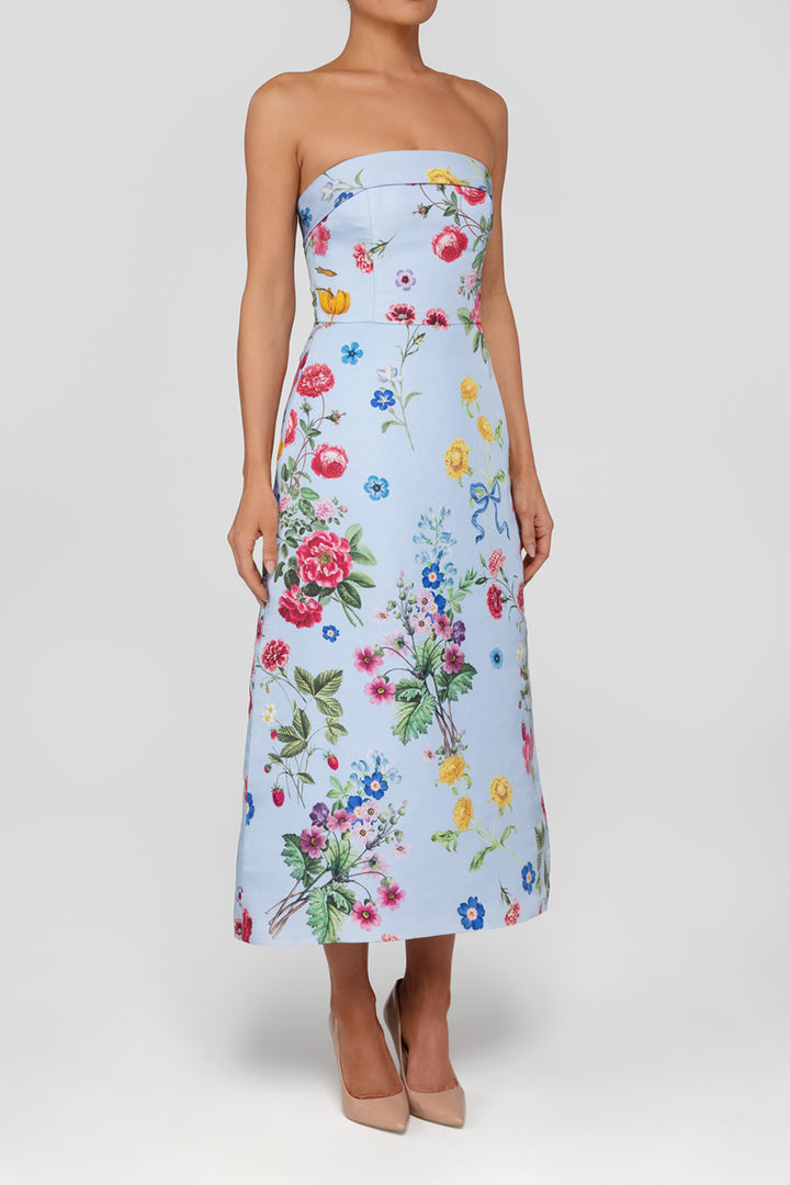 Lucie Sky Floral Silk Faille A-Line Midi Dress