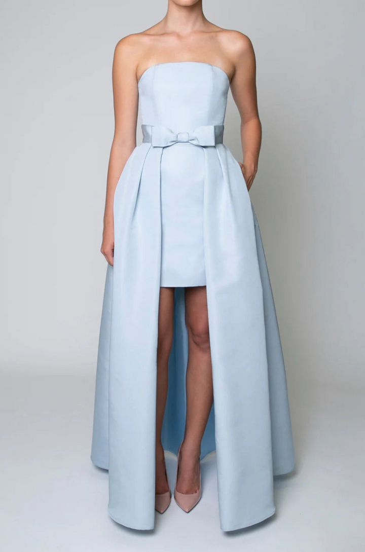 Silk Faille Strapless Mini Dress with Bow Convertible Skirt