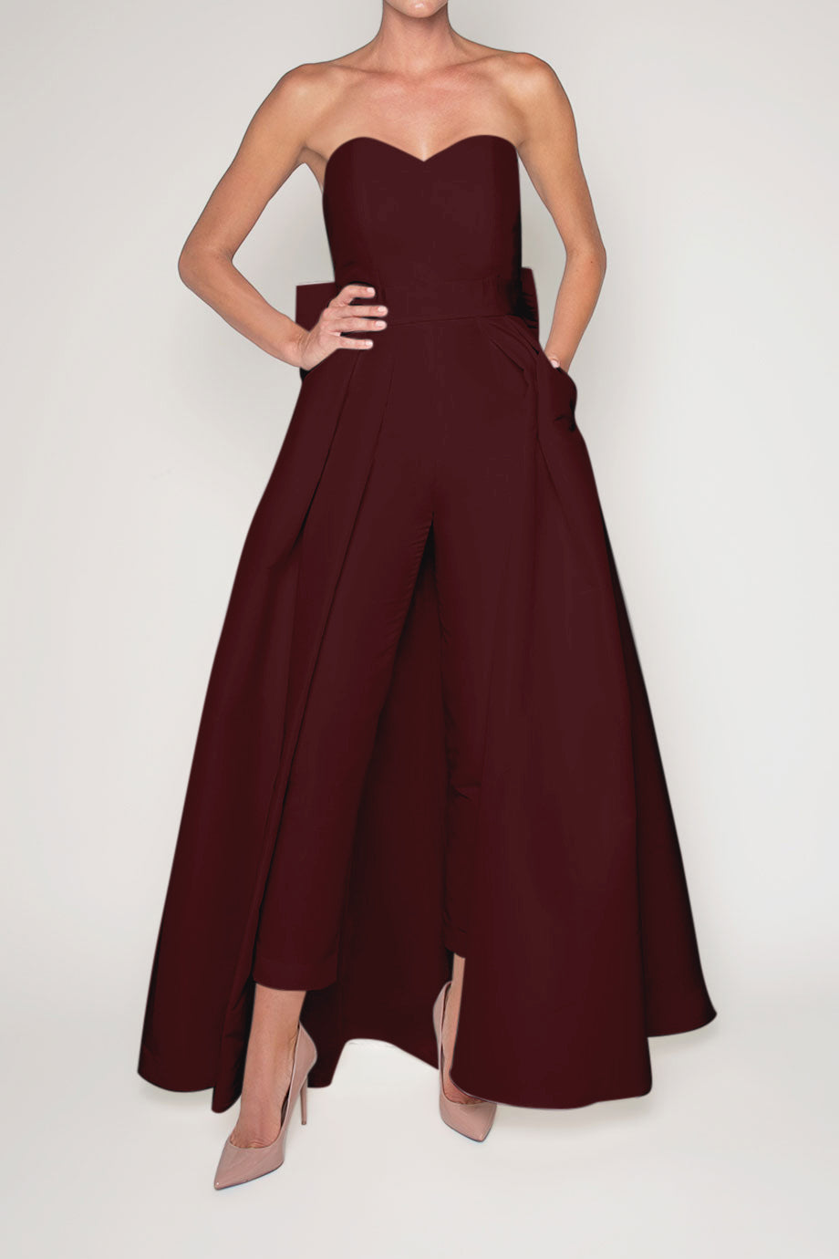 Silk Faille Bow Back Jumpsuit with Convertible Skirt