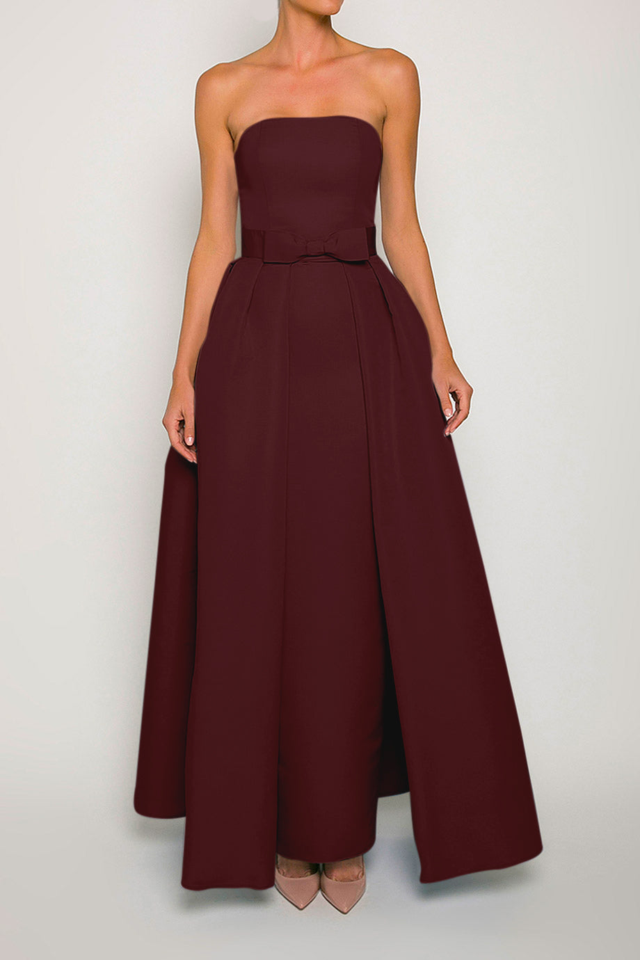 Silk Faille Strapless Column Gown with Bow Convertible Skirt