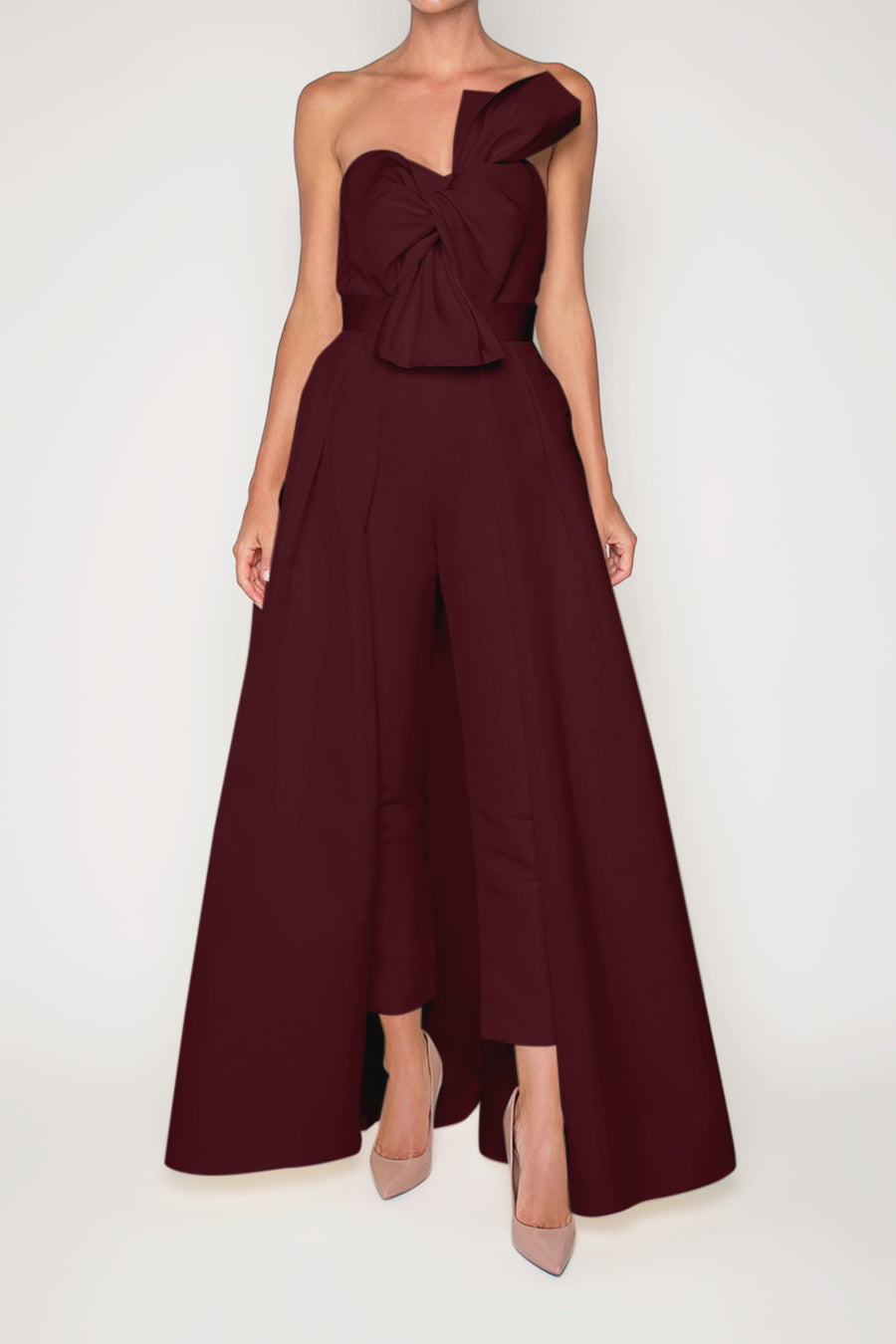 Silk Faille Twisted Bow Jumpsuit with Convertible Skirt – ALEXIA MARÍA