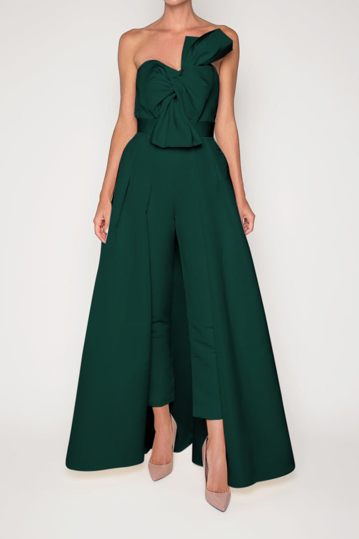 Silk Faille Twisted Bow Jumpsuit with Convertible Skirt