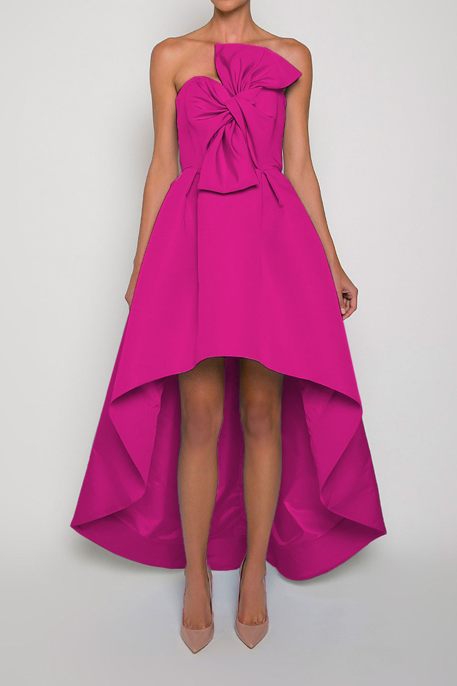 Twisted Bow Silk Faille High Low Gown