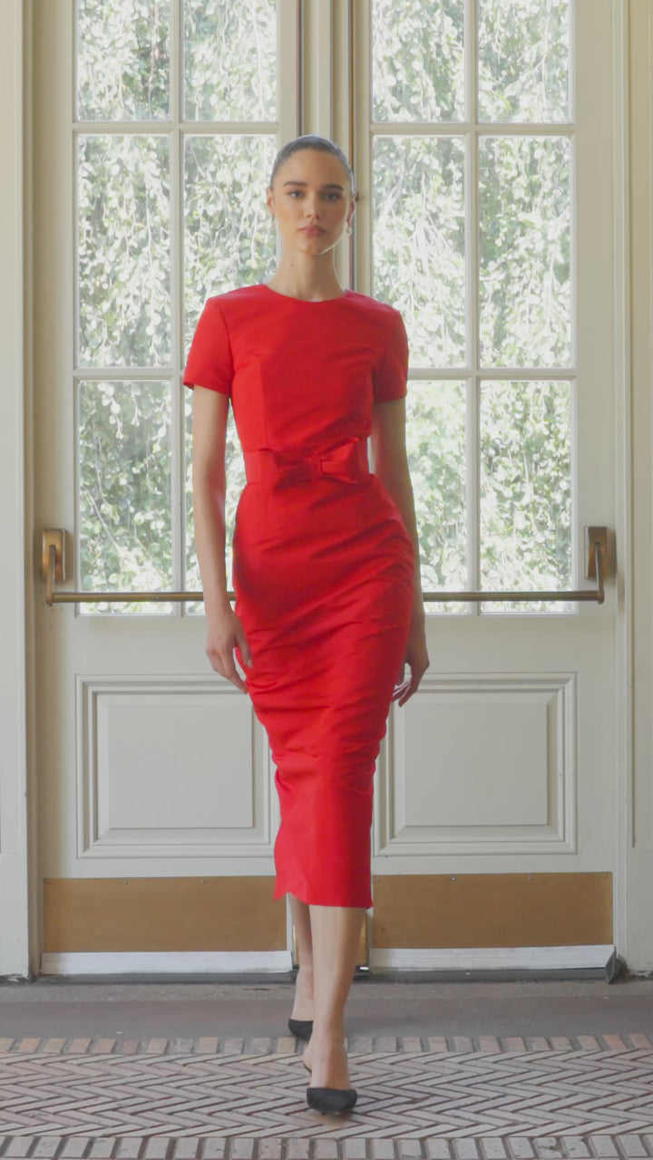 Claudia Silk Faille Midi Dress with Bow Belt