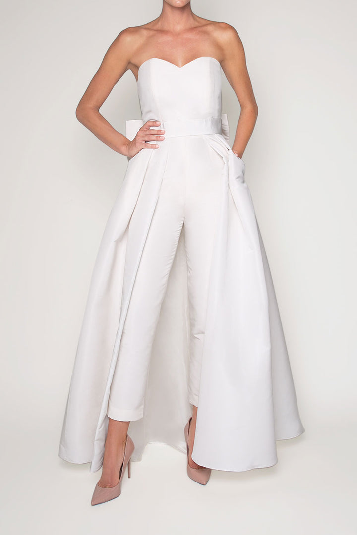 Silk Faille Bow Back Jumpsuit with Convertible Skirt