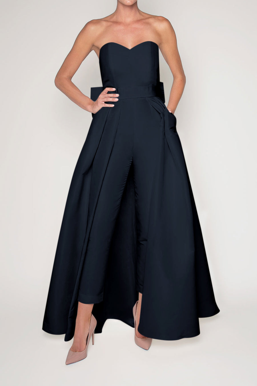 Silk Faille Bow Back Jumpsuit with Convertible Skirt ALEXIA MARÍA